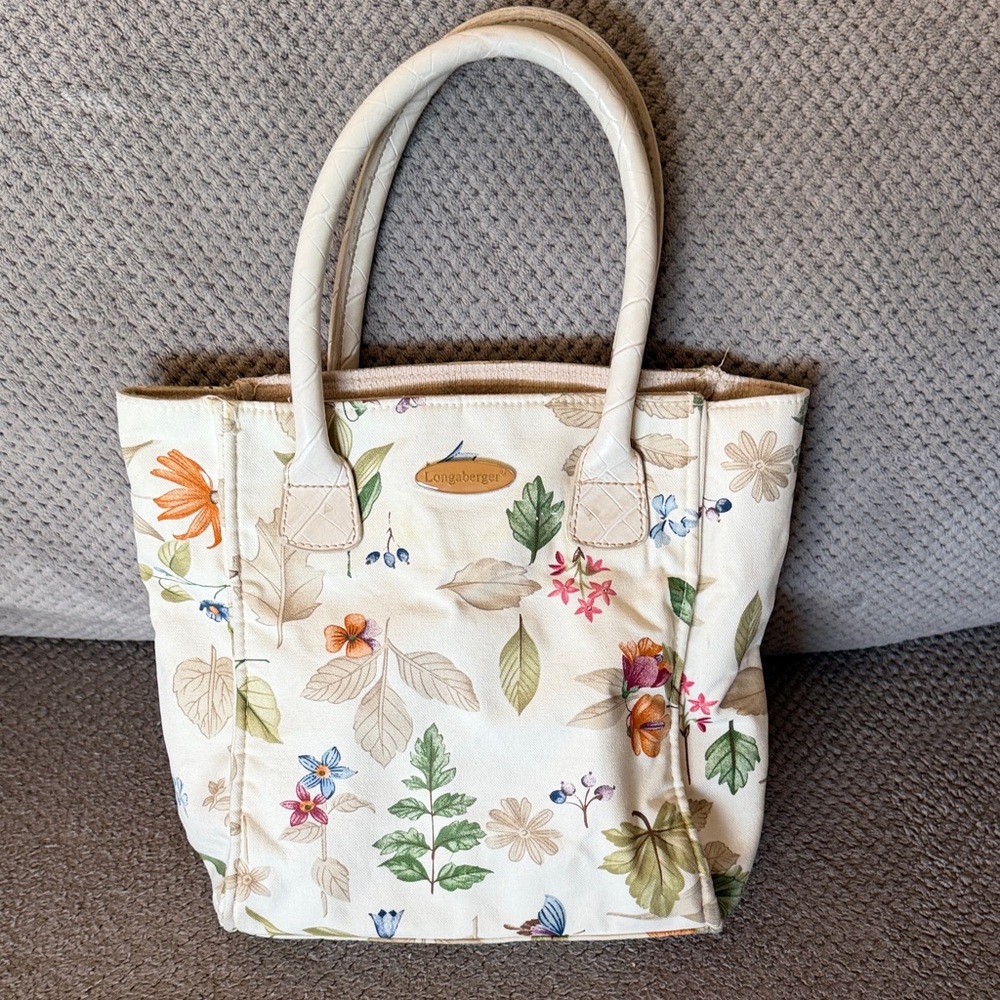 Longaberger mini Floral Canvas Tote with Cream and Multicolor Design